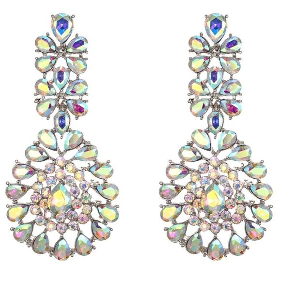 Silver with Iridescent AB Austrian Crystal Floral Teardrop Chandelier Earrings - Picture 1 of 5